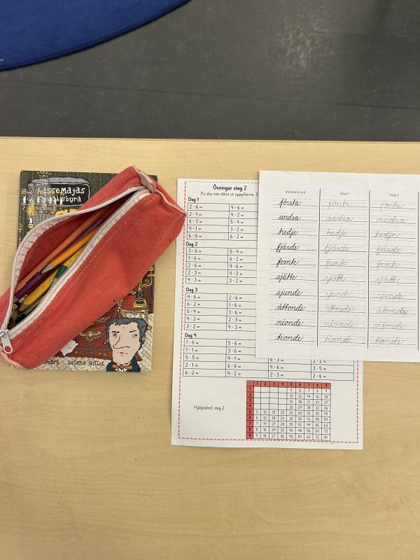 En skönlitterär bok med ett pennskrin liggandes på och ett blad med matteuppgifter på ett bord